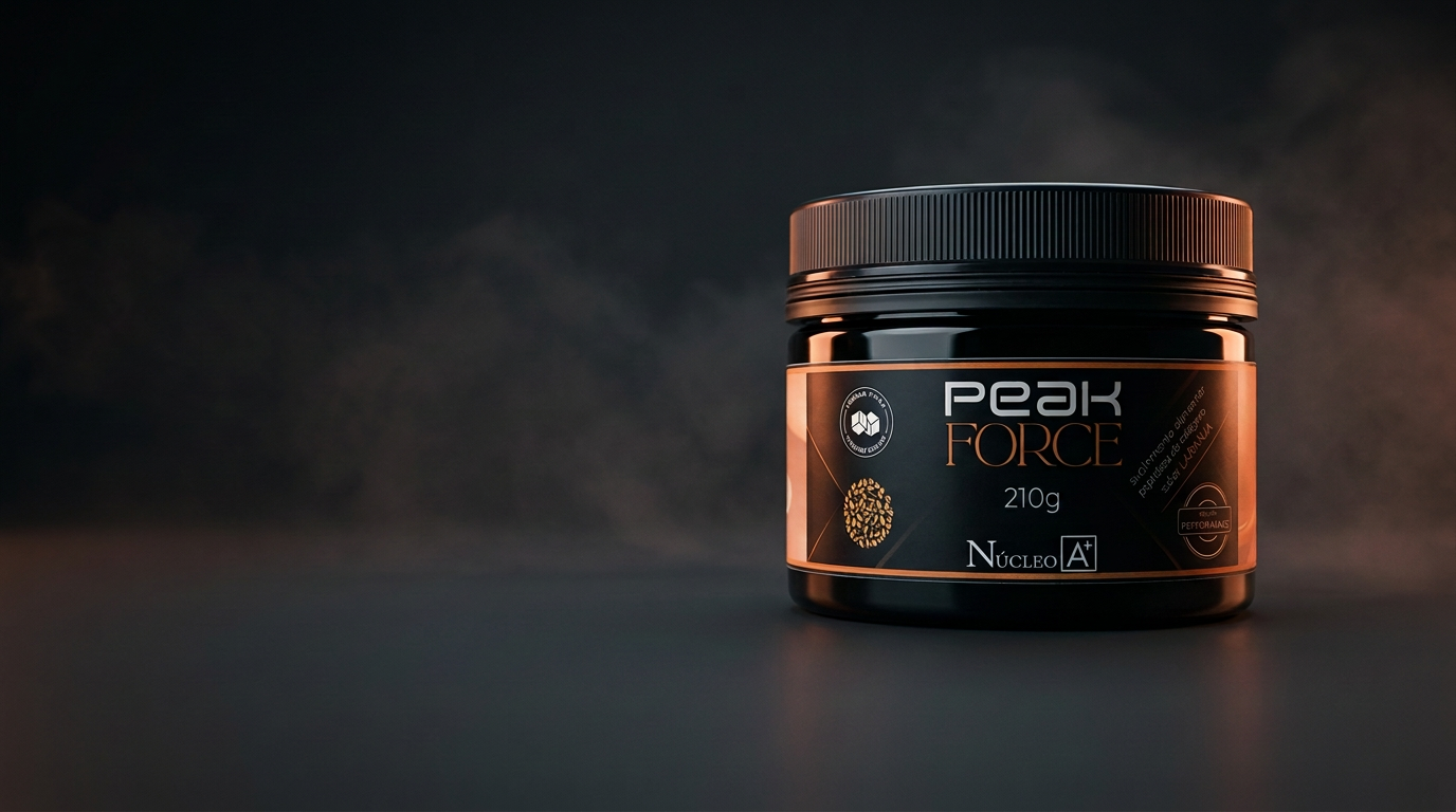Pote de Peak Force 210 g da Núcleo A+ em estúdio escuro com iluminação cobre